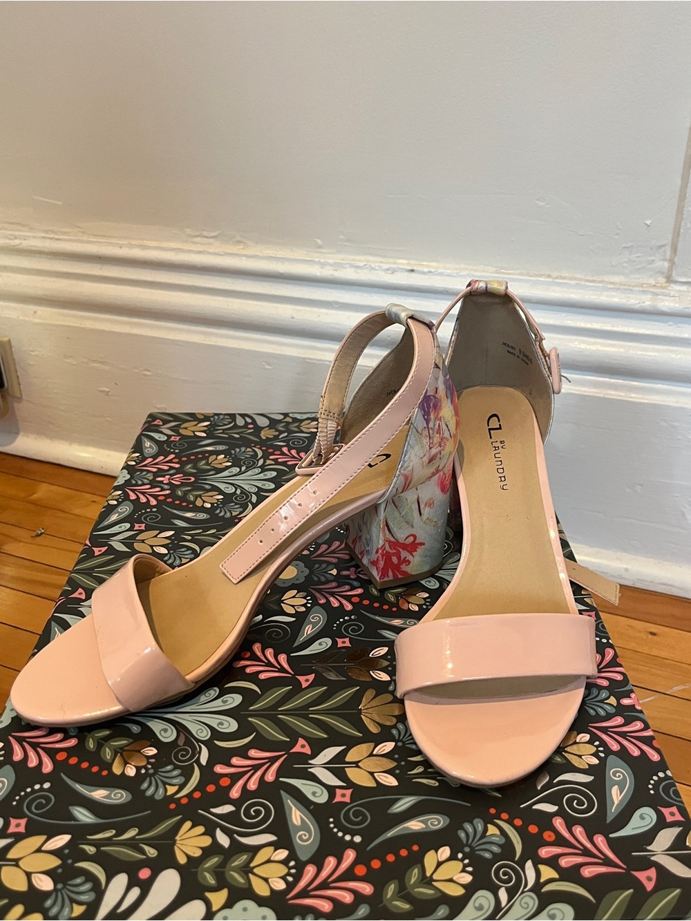 CL by Laundry Blush Pink Patent Open-Toe Block Heel Sandals with Floral Heel